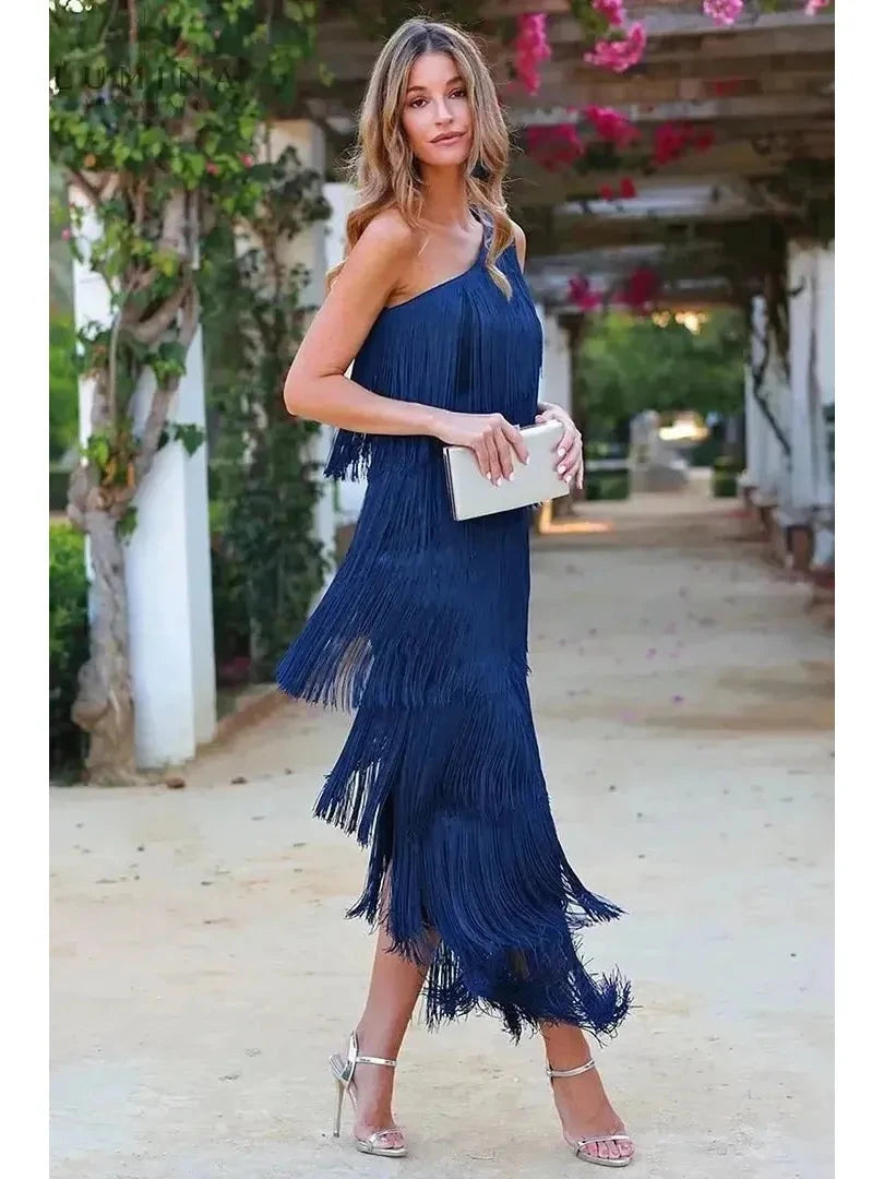 Blue Anne one-shoulder wedding guest dress by Lumina Vancouver, elegant sleeveless design perfect for formal occasions.