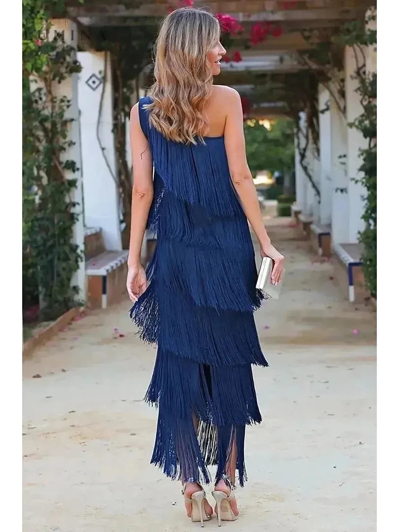 Blue Anne one-shoulder wedding guest dress by Lumina Vancouver, stylish and elegant for special occasions.