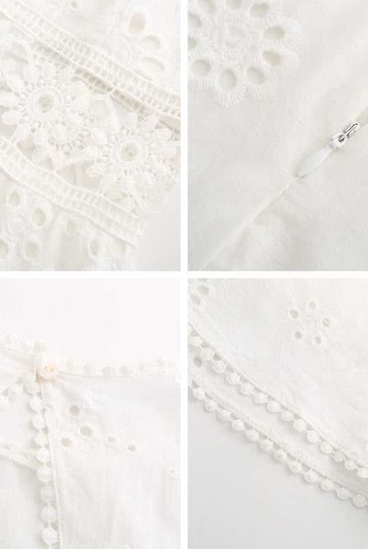 Arabella Celestine white eyelet mini dress by Lumina Vancouver, featuring delicate eyelet detailing and a stylish, feminine silhouette.