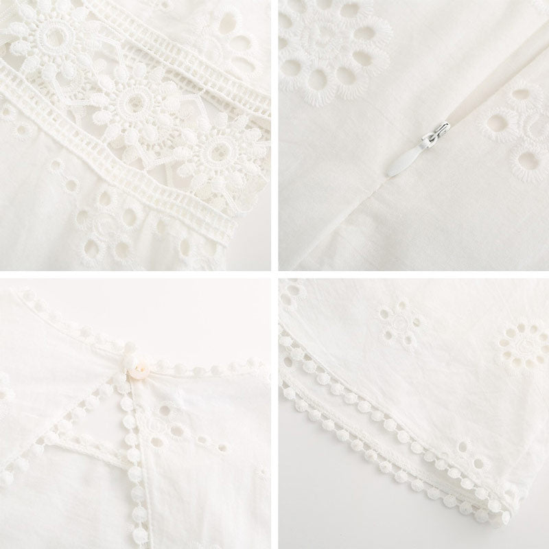 Arabella Celestine white eyelet mini dress by Lumina Vancouver, featuring delicate eyelet detailing and a stylish, feminine silhouette.
