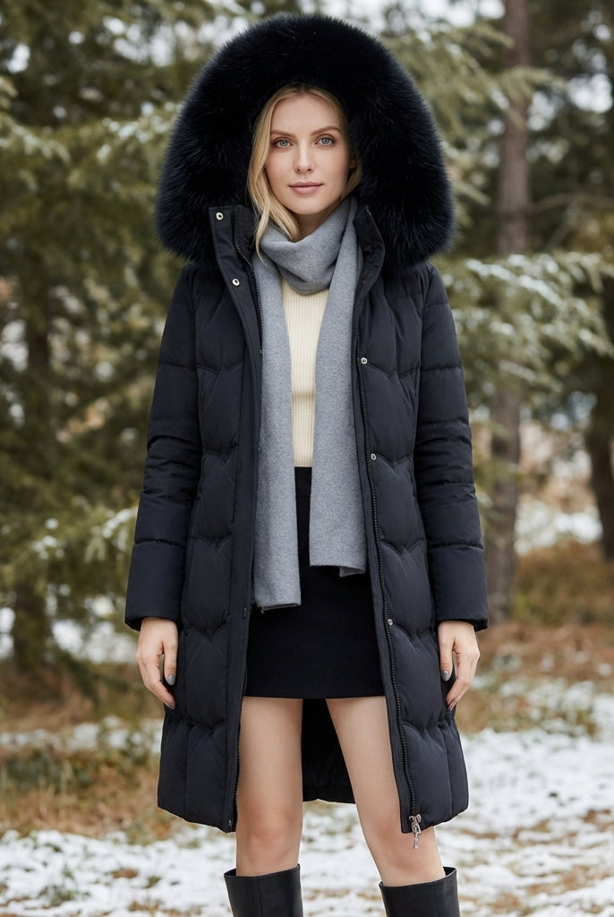 Black Arabella Luxe Faux-Fur Hood Longline Puffer Coat by Lumina Wear, stylish winter women's jacket with cozy fur trim.