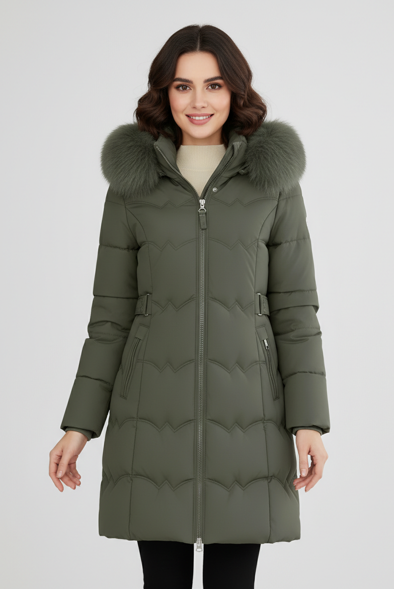 Black Arabella Luxe Faux-Fur Hood Longline Puffer Coat by Lumina Wear for women, featuring a cozy fur-lined hood and stylish long silhouette.