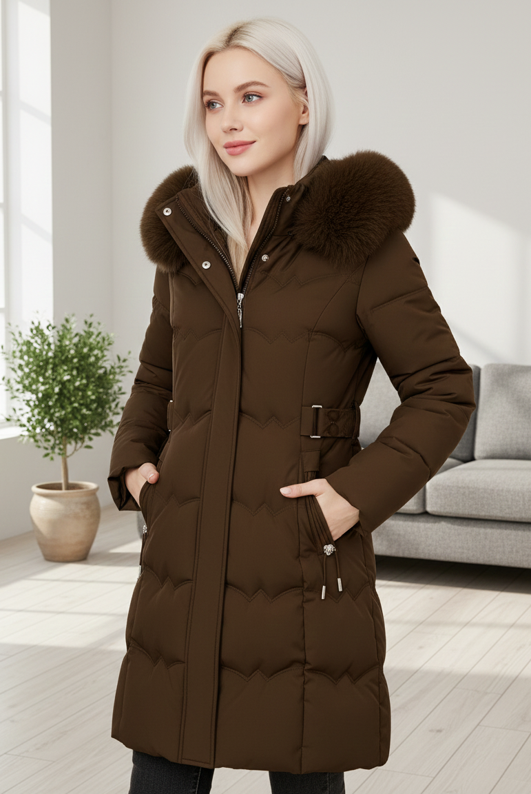 Black Arabella Luxe Faux-Fur Hood Longline Puffer Coat by Lumina Wear, stylish women's winter coat with cozy fur trim.