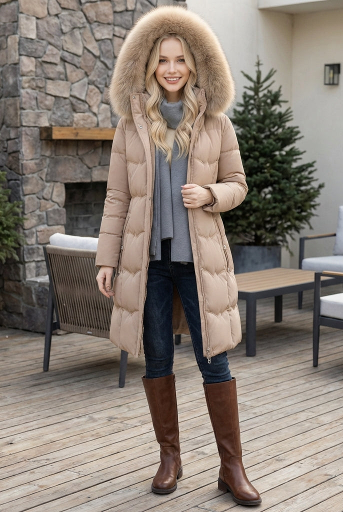 Black Arabella Luxe Faux-Fur Hood Longline Puffer Coat by Lumina Wear, women's winter coat with plush fur trim and quilted design.