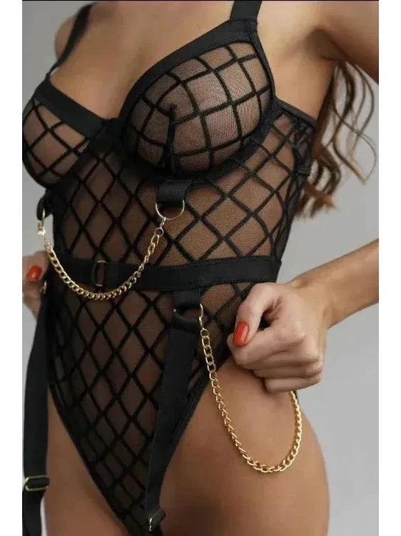 Lumina Vancouver Aria bodysuit in black, fitted style with high neckline and long sleeves, displayed flat on a white background.
