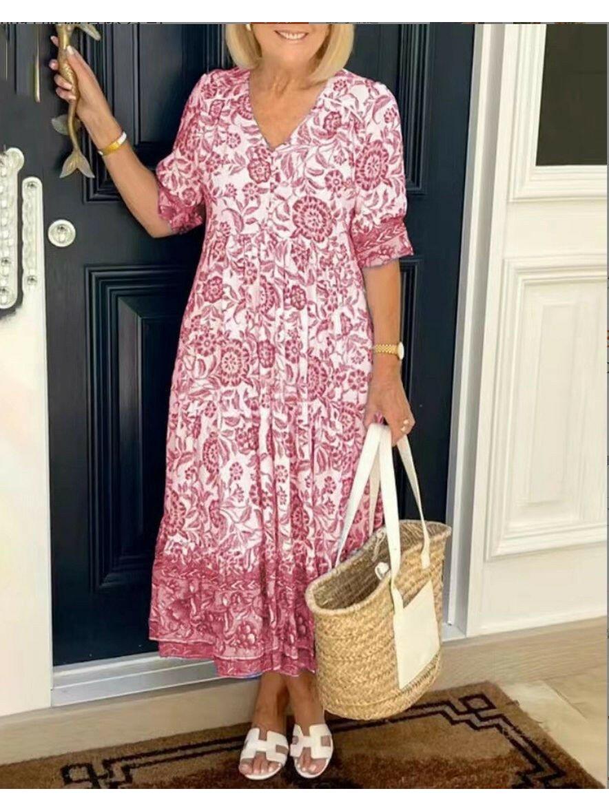 Lumina Vancouver ARIA elegant floral dress with V-neck in blue, featuring a stylish design perfect for special occasions.