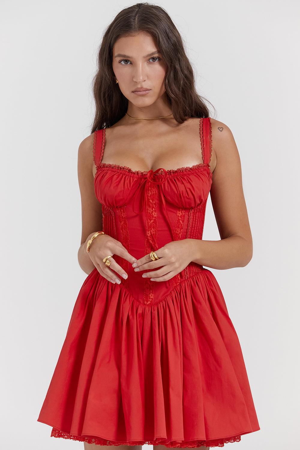 White mini dress with lace-trim bodice by Lumina Vancouver, featuring a fitted silhouette and delicate lace details.