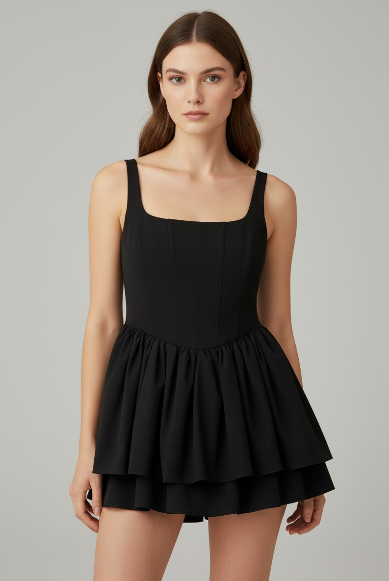Black satin mini dress with square neckline by Lumina Wear, featuring a fitted silhouette and sleek design.