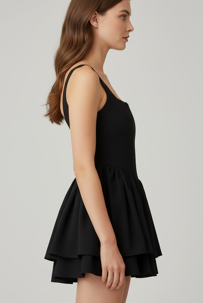 Black satin mini dress with square neckline by Lumina Wear, featuring a fitted silhouette and sleek, elegant design.