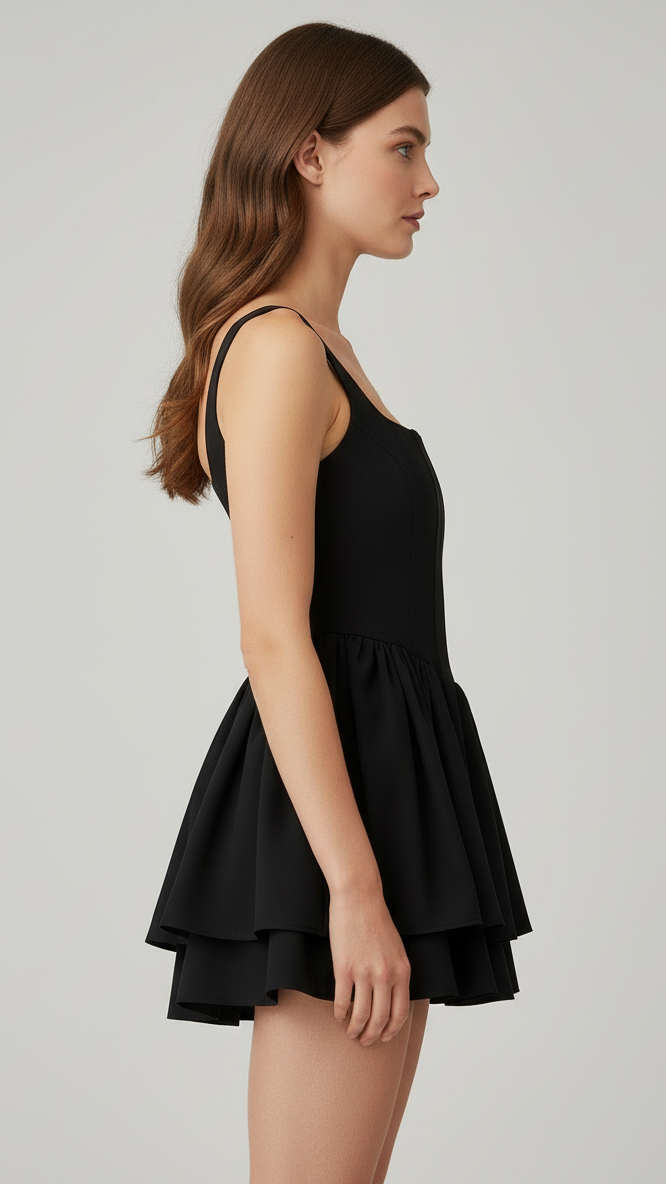 Black satin mini dress with square neckline by Lumina Vancouver, featuring a sleek, fitted silhouette and elegant design.