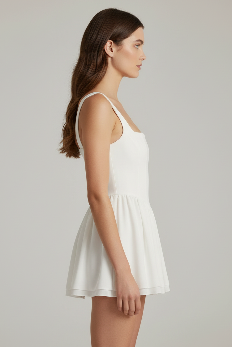Black satin mini dress with square neckline by Lumina Wear, featuring a fitted silhouette and elegant design.