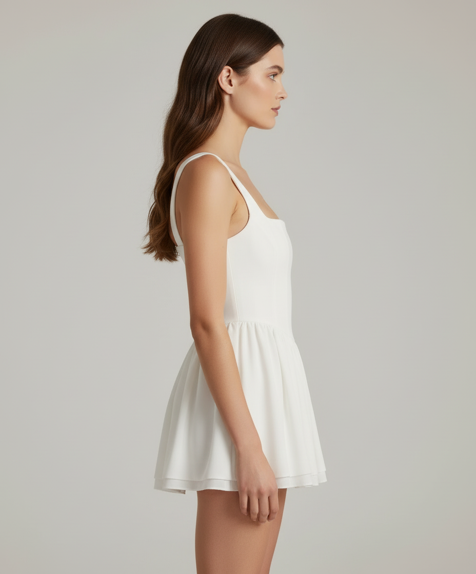 Black satin mini dress with square neckline by Lumina Vancouver, featuring a fitted silhouette and sleek design.