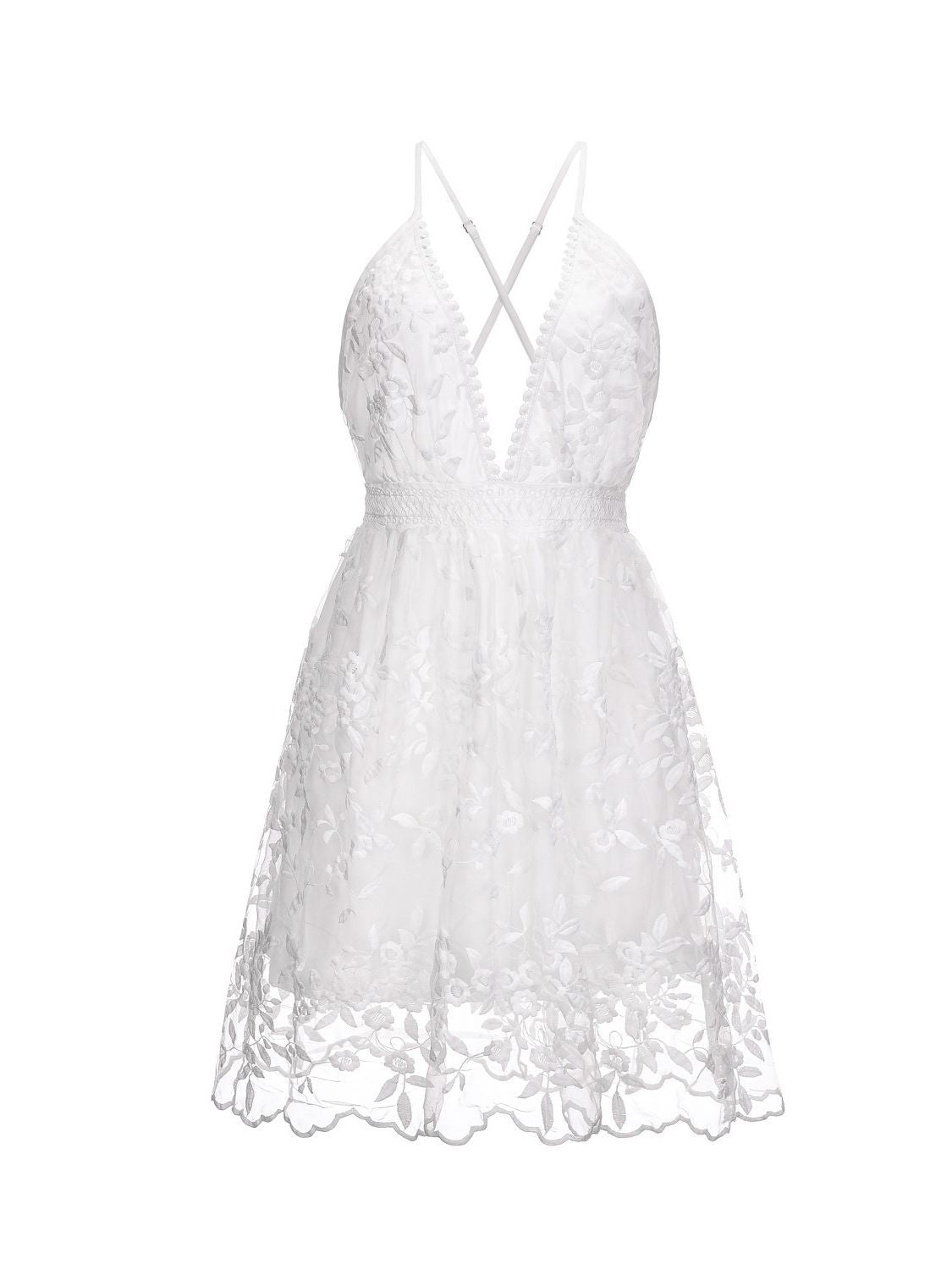 White Aria spaghetti strap dress with deep V-neck by Lumina Vancouver, stylish mini dress perfect for summer or special occasions.