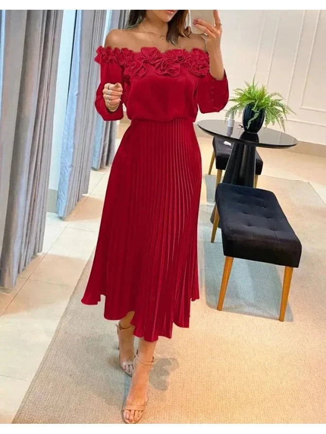 Red off-shoulder maxi dress by Lumina Vancouver featuring a flowing silhouette and elegant design.