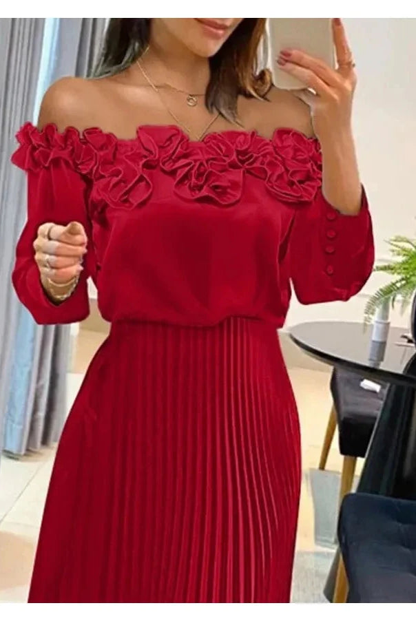 Red Lumina Wear Sisko off-shoulder maxi dress, flowing fabric, elegant design, showcased on a model.
