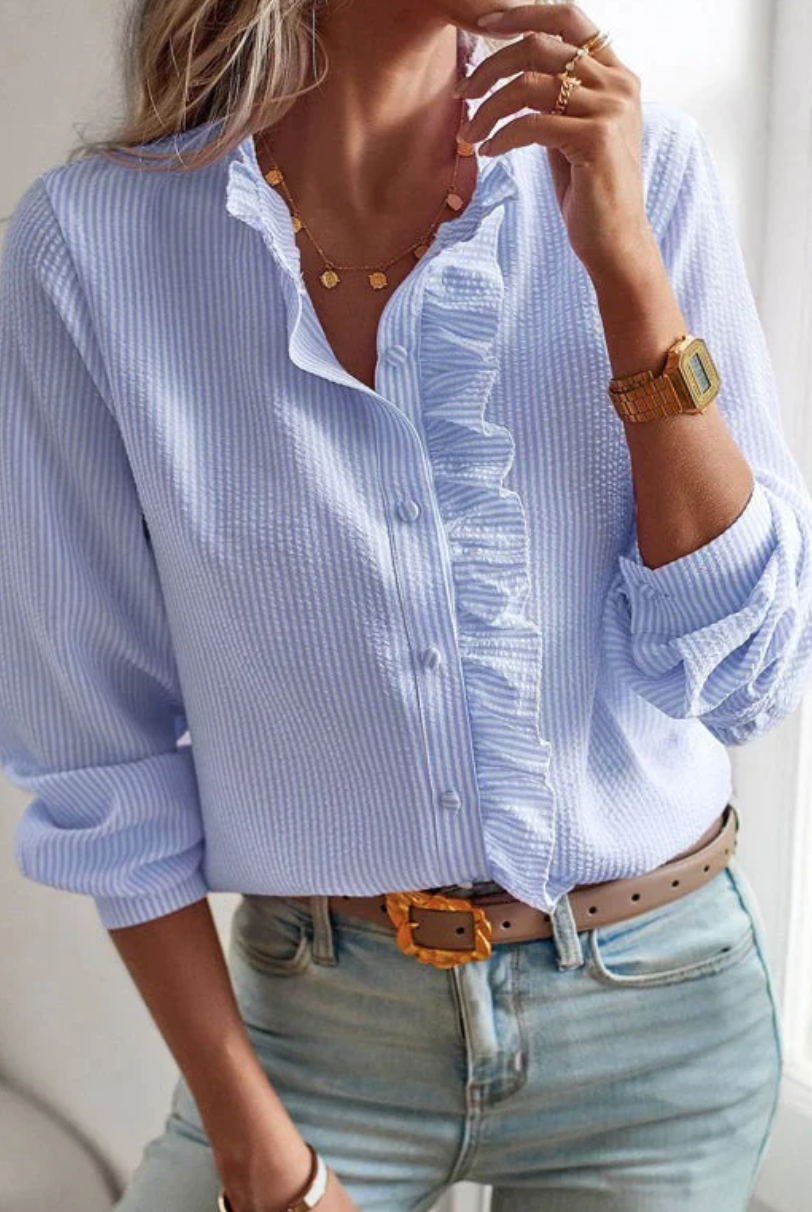 Pink Lumina Wear Ariana ruffled button blouse with elegant design, versatile styling, and flattering fit for women.