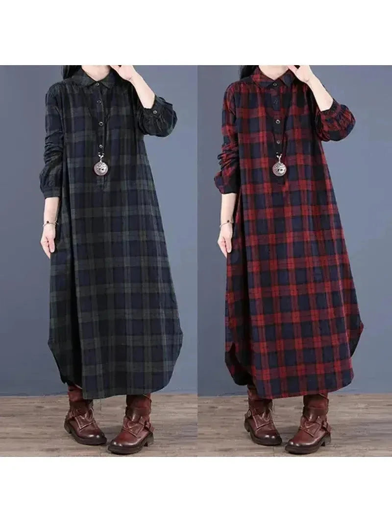 Arianna medium-length shirt dress in red grid pattern by Lumina Vancouver, displayed on a hanger.