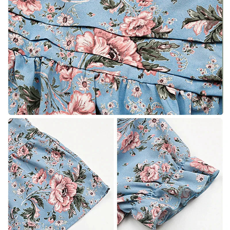 Astra floral print midi dress by Lumina Vancouver, featuring a vibrant floral design, fitted waist, and flowing fabric.