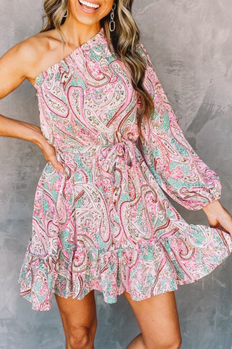 Pink Astra Lumina Vancouver one-shoulder mini dress with fitted silhouette, stylish and elegant for fashionable occasions.