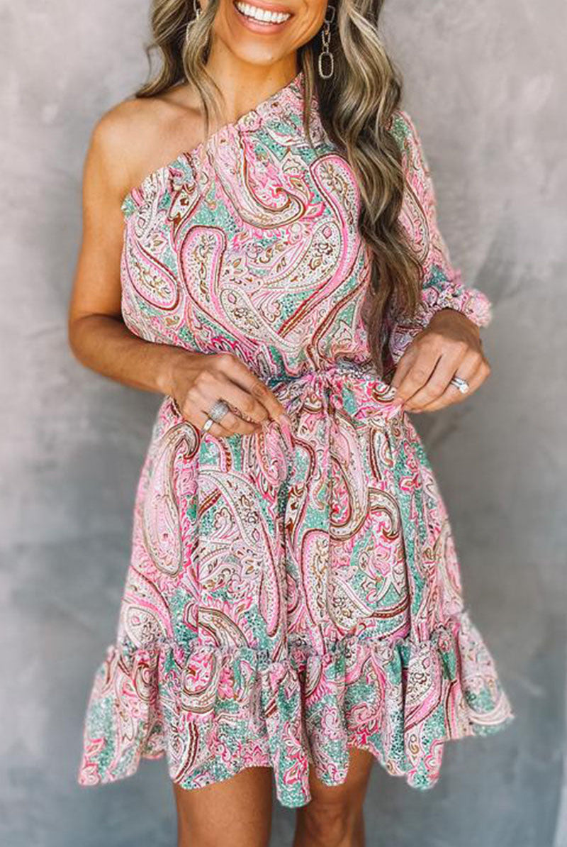 Pink Astra one-shoulder mini dress by Lumina Vancouver, showcasing a fitted style and elegant design.