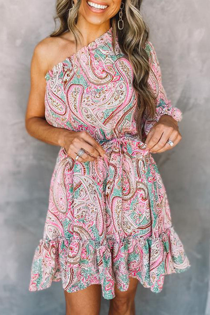 Pink Astra one-shoulder mini dress by Lumina Vancouver, showcasing a fitted style and elegant design.