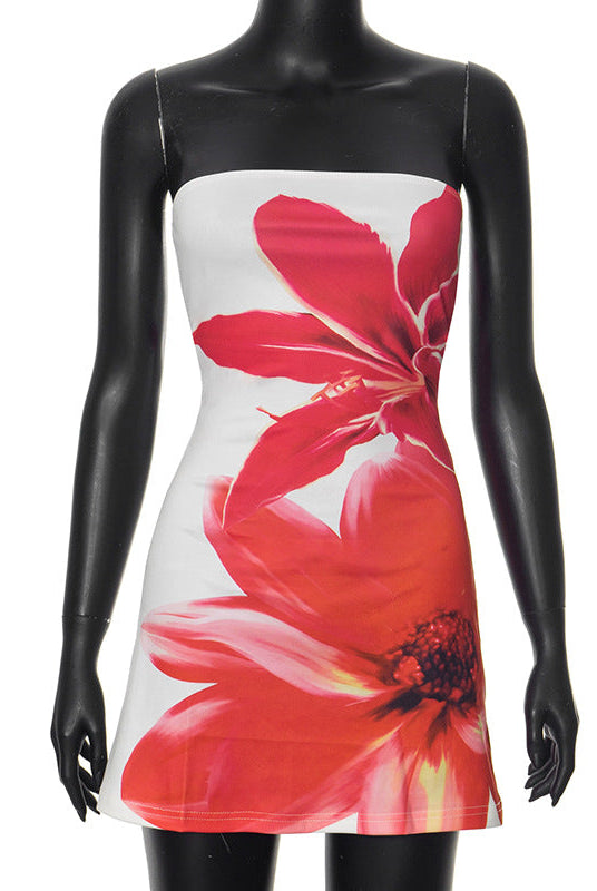 Blue Skadi strapless mini dress with floral pattern by Lumina Wear, shown on a model.