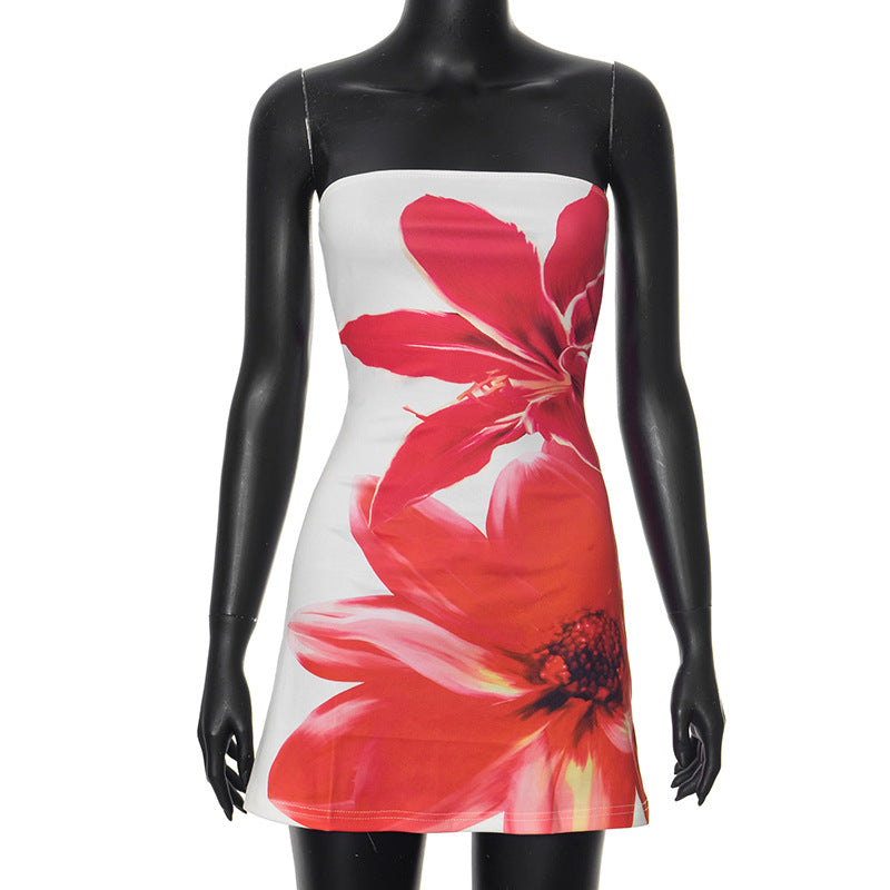Blue Skadi strapless mini dress with floral pattern from Lumina Vancouver, shown on a model.
