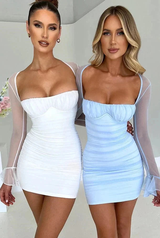 White Astraeon bodycon mini dress with ruched detail by Lumina Vancouver, shown on a mannequin.