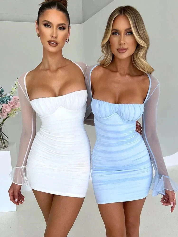 White Astraeon bodycon mini dress with ruched detail by Lumina Vancouver, shown on a mannequin.