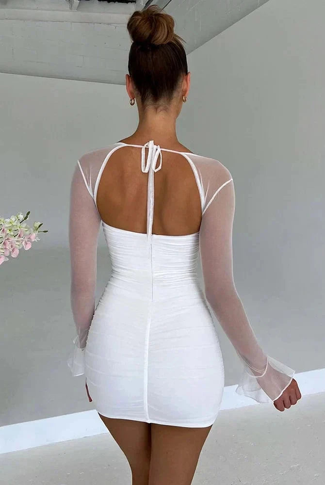 Astraeon Lumina white bodycon mini dress with ruched design, fitted style, and sleeveless cut, perfect for stylish occasions.