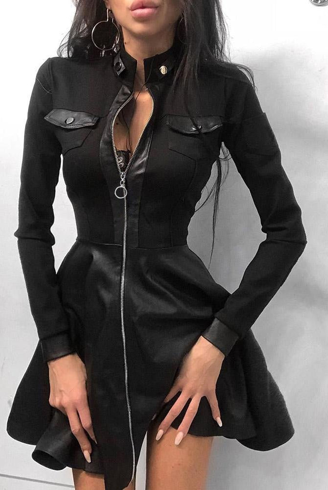 Black faux leather mini dress by Lumina Wear featuring a fitted silhouette and stylish short length.