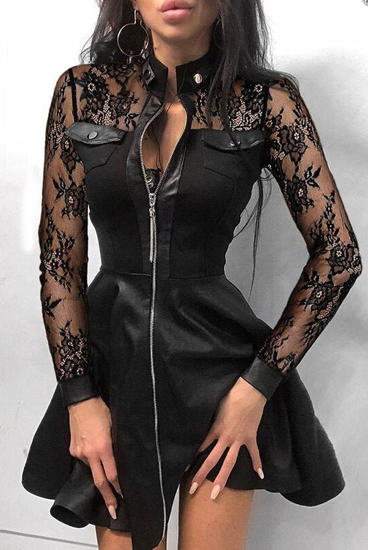Black faux leather mini dress by Lumina Wear, featuring a fitted silhouette and stylish design, perfect for trendy evening wear.