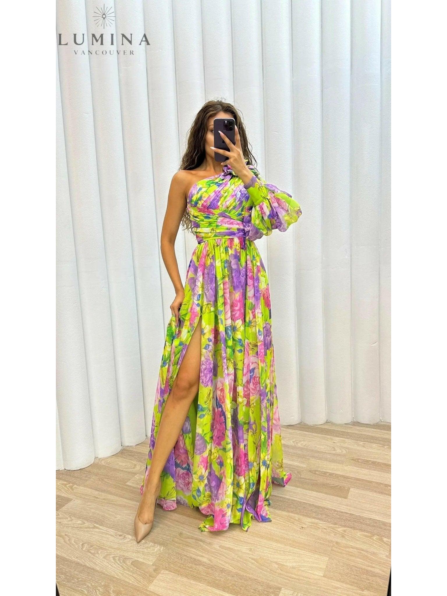 Purple Audrey flowing gown by Lumina Vancouver, elegant wedding guest dress with a sleek, flowing silhouette.