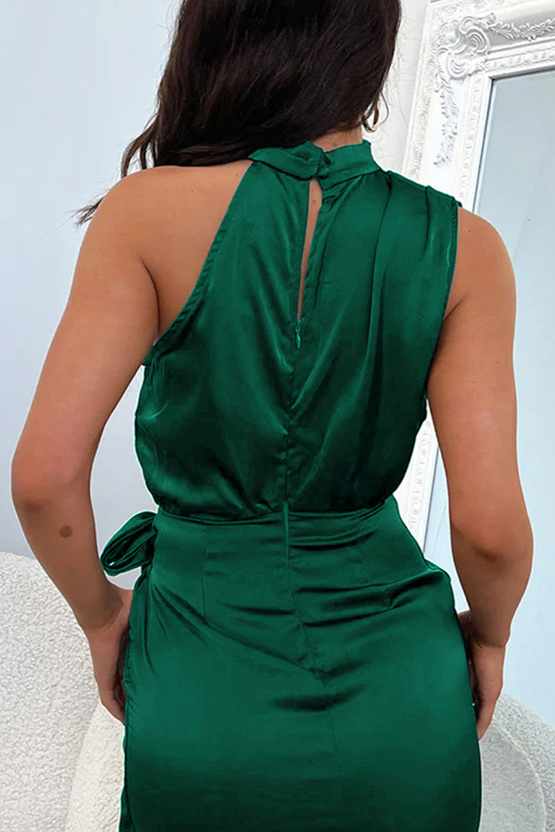 Apricot satin halter mini dress by Lumina Vancouver, featuring a sleek fit and elegant design, perfect for stylish occasions.