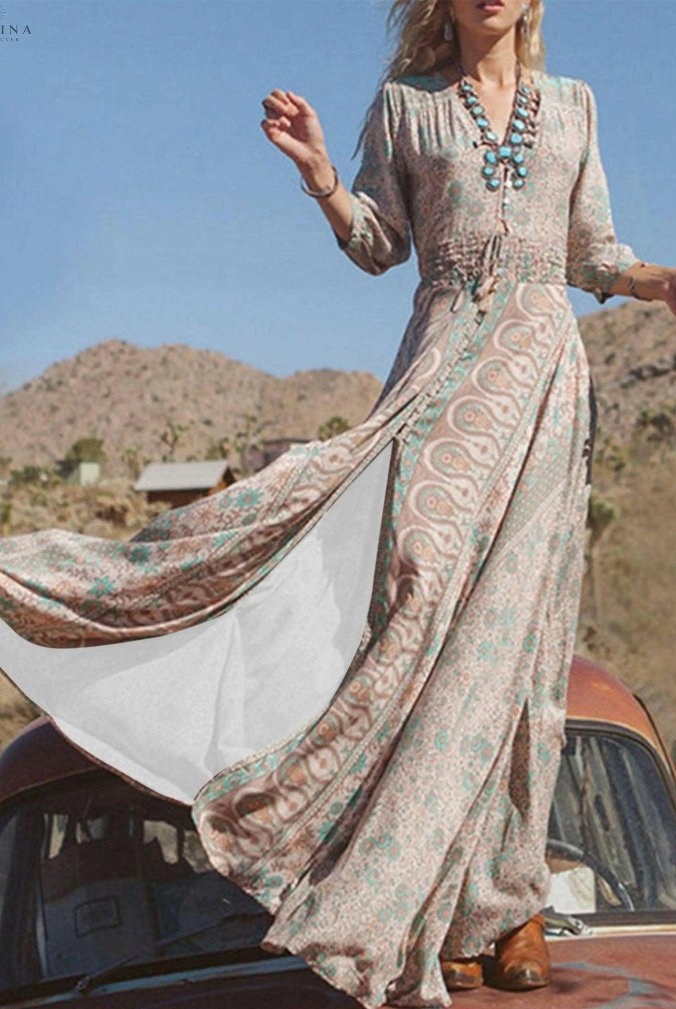 Multicolor Anitra Boho Elegance Dress by Lumina Wear, flowing style with vibrant patterns, perfect for bohemian fashion.