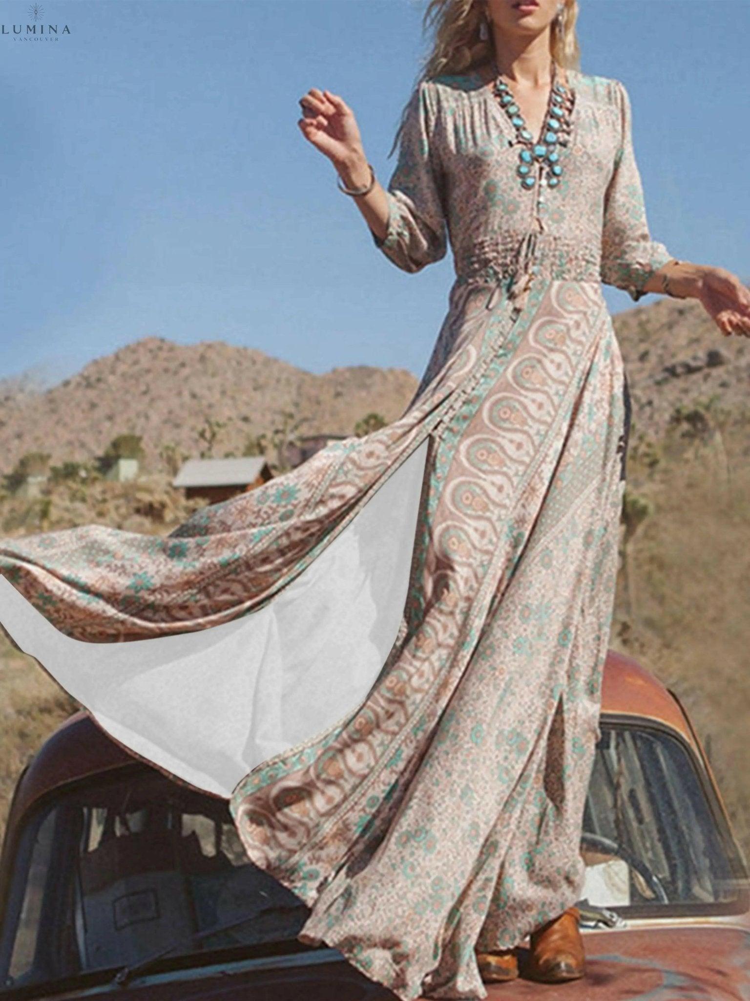 Multicolor Anitra Boho Elegance Dress by Lumina Vancouver featuring flowing fabric and bohemian style, displayed on a mannequin.