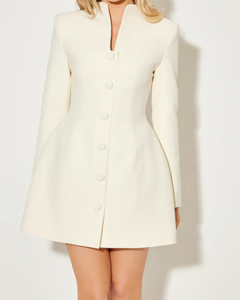 Lumina Wear Aurora coat dress with statement bow collar, white color, XS size, stylish and elegant outerwear for women.