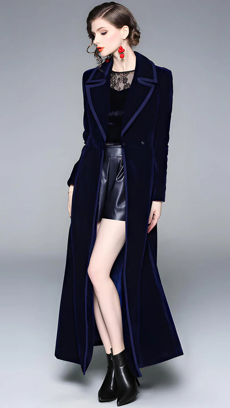 Aurora | Double-Breasted Long Coat in Midnight Blue Velvet - Lumina - Lumina Vancouver