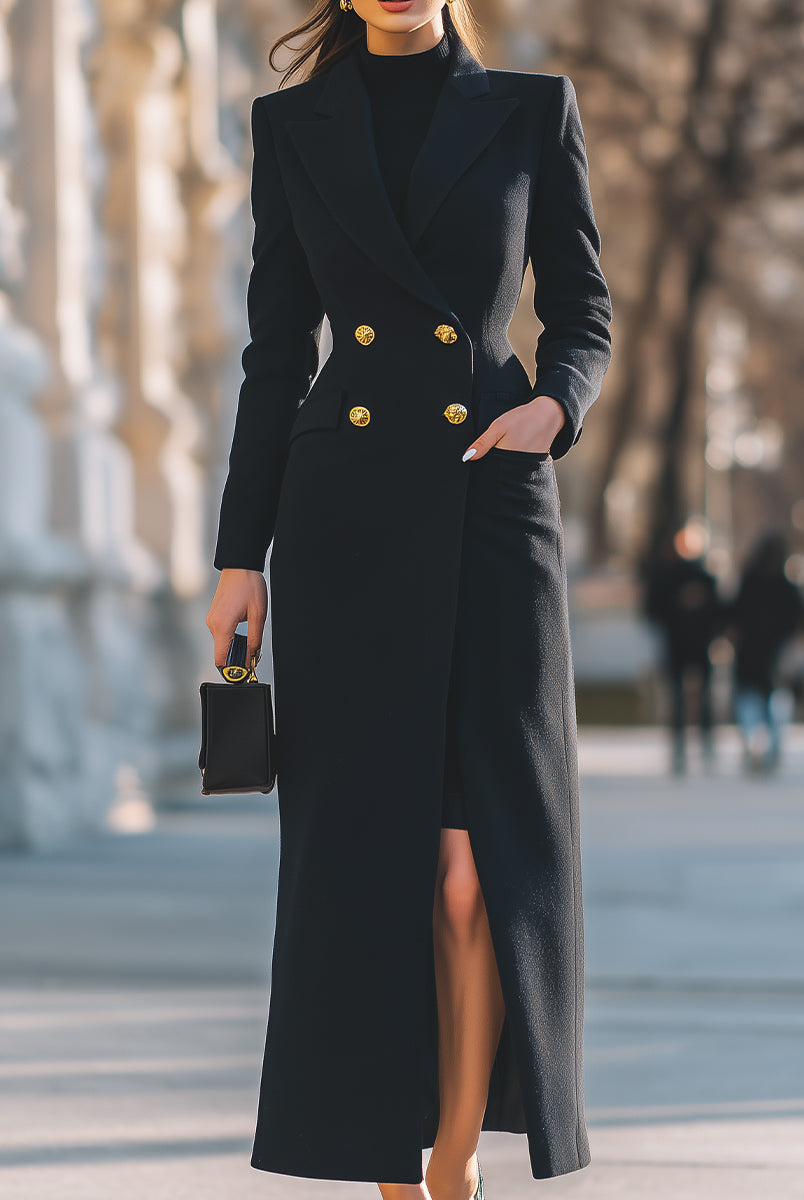 Xenia Lumina Vancouver double-breasted black maxi coat with gold buttons, featuring a stylish, long coat design and tailored fit.