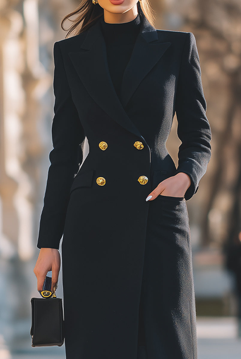Xenia Lumina Vancouver black double-breasted maxi coat with gold buttons, shown on model, stylish winter outerwear.