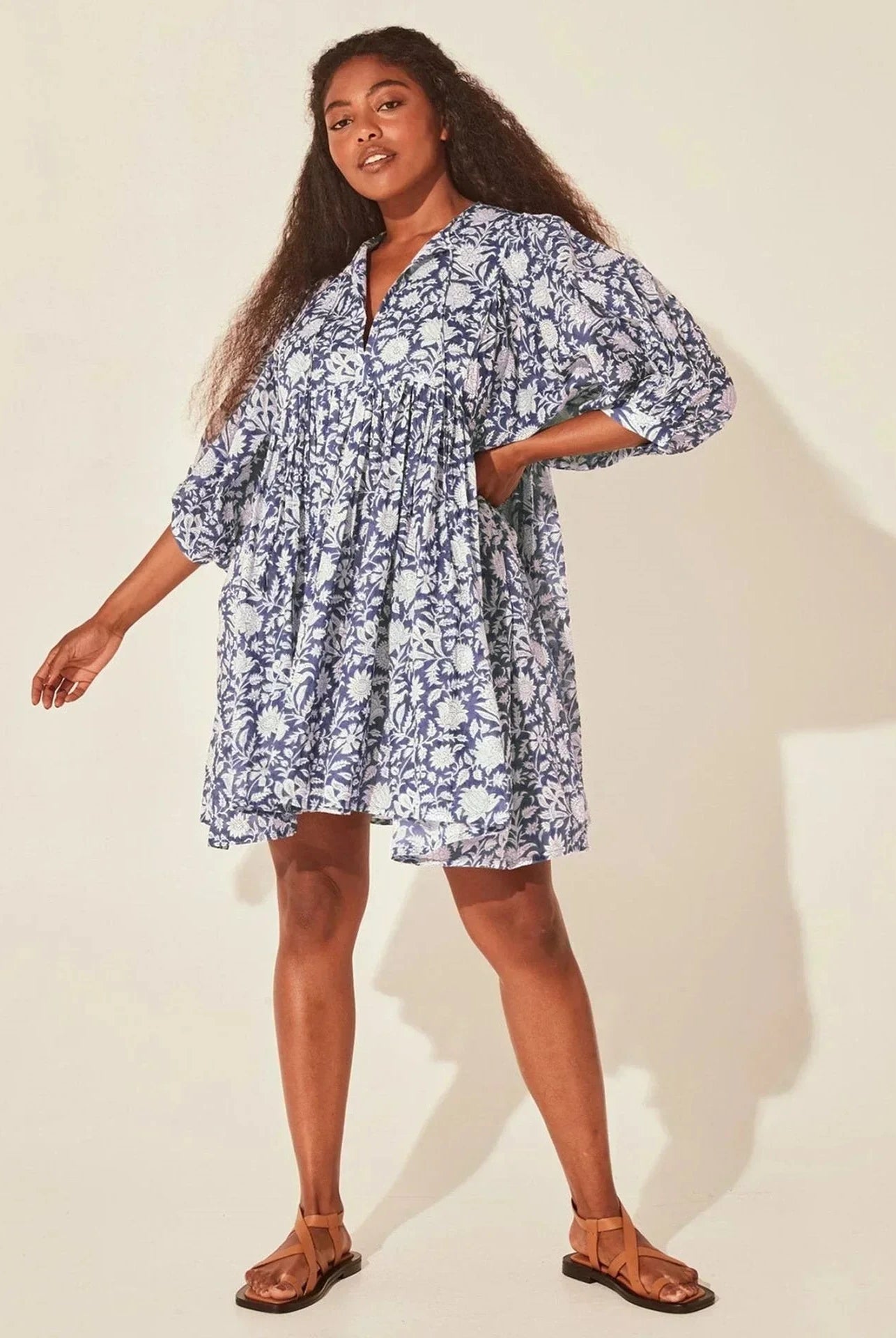 Blue Aurora Flow Boho Floral women's mini dress by Lumina Vancouver, featuring a flowy bohemian floral design.
