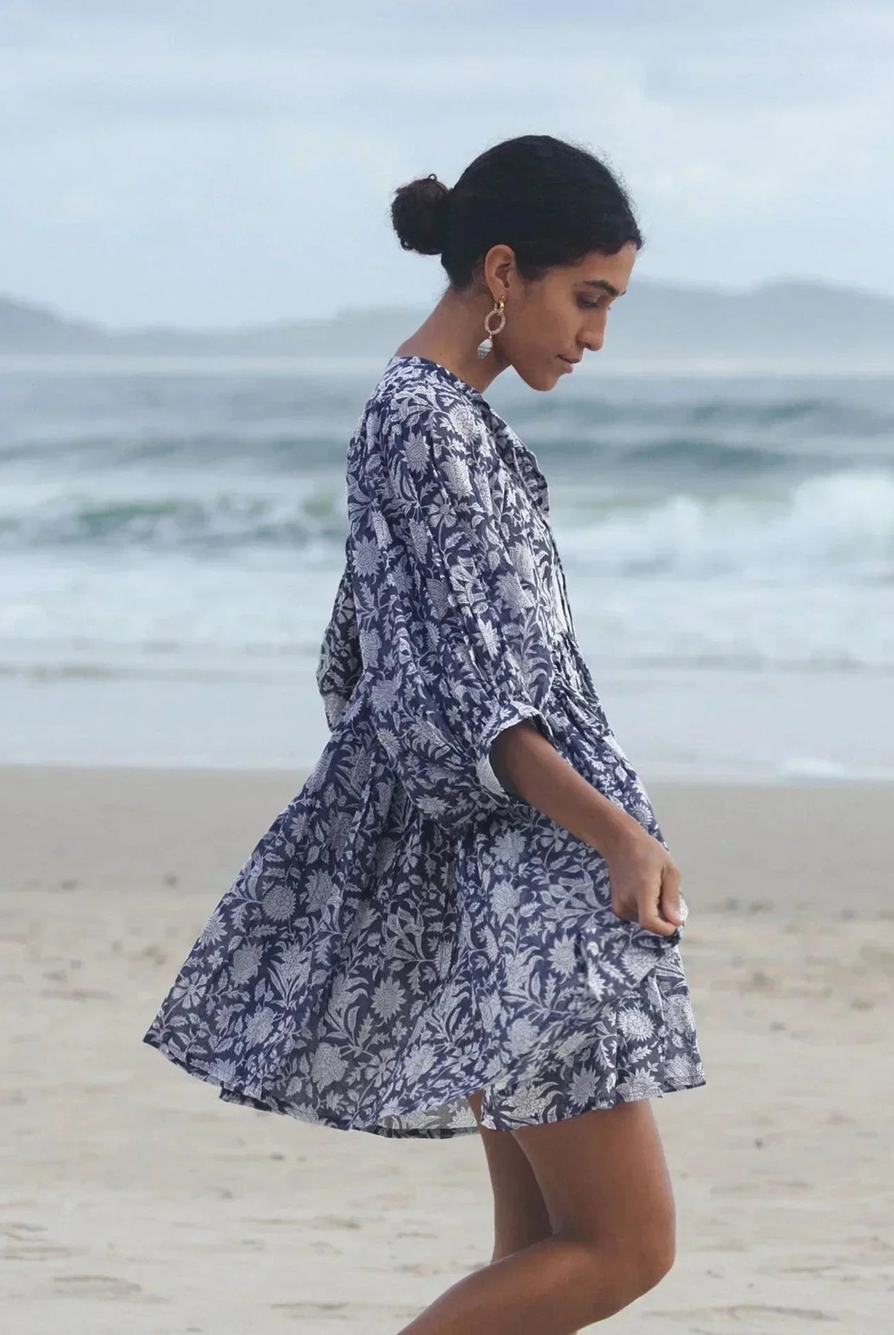 Blue Aurora Flow Boho Floral women's mini dress by Lumina Vancouver, featuring a flowy, bohemian floral design.