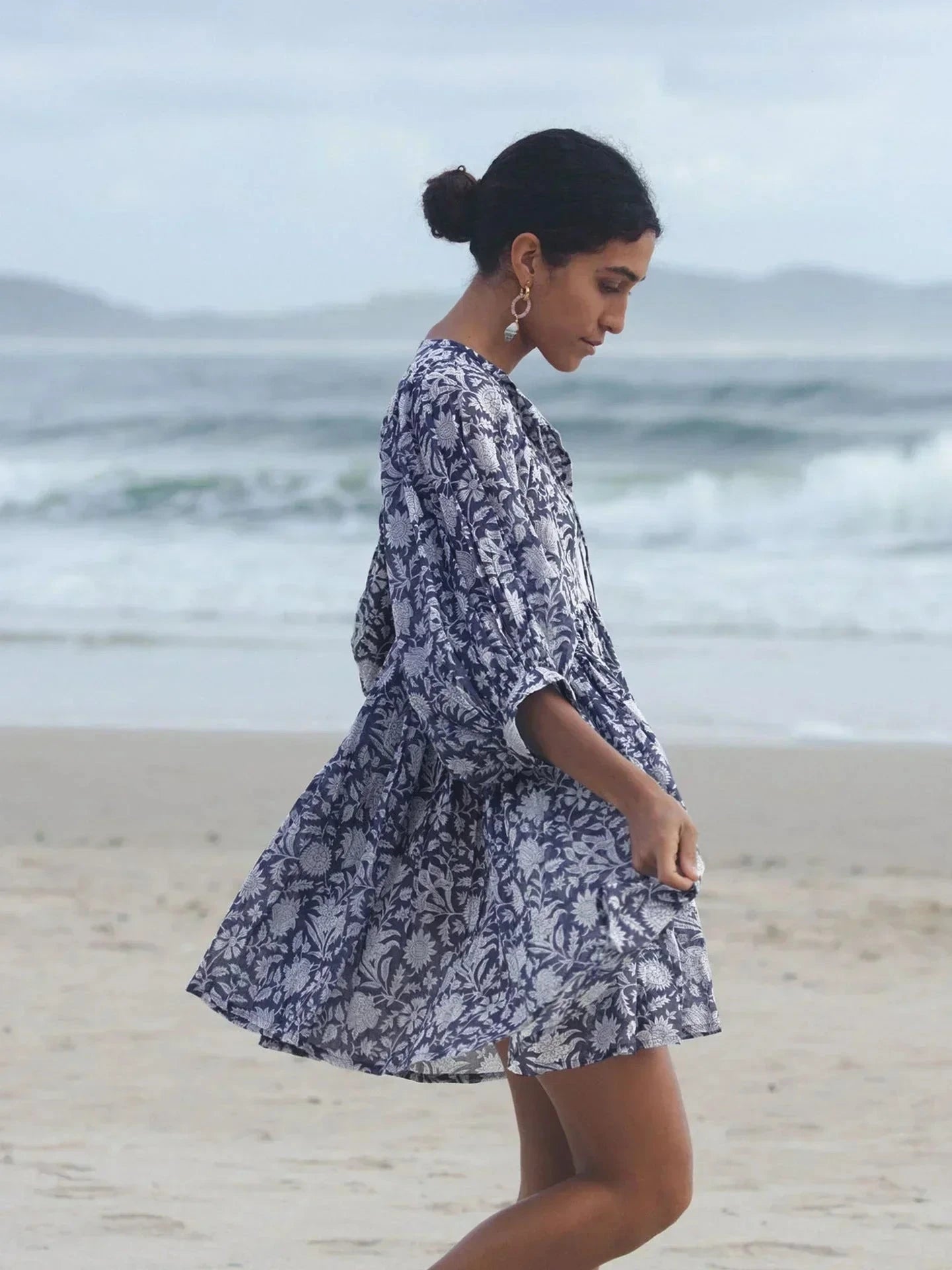 Blue Aurora Flow Boho Floral women's mini dress by Lumina Vancouver, featuring a flowy, bohemian floral design.