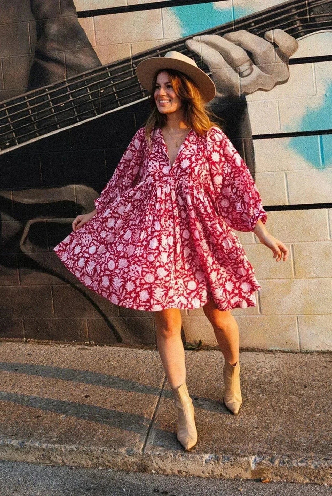 Blue Aurora Flow Boho floral mini dress for women by Lumina Vancouver, featuring a flowy design and vibrant floral pattern.