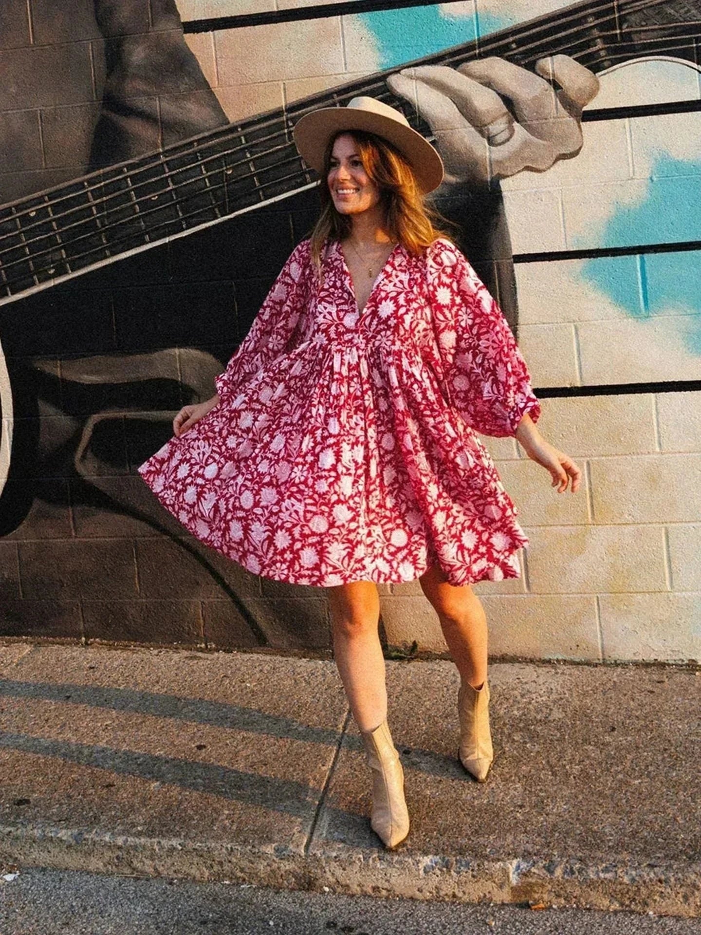 Blue Aurora Flow Boho floral mini dress for women by Lumina Vancouver, featuring a flowy design and vibrant floral pattern.