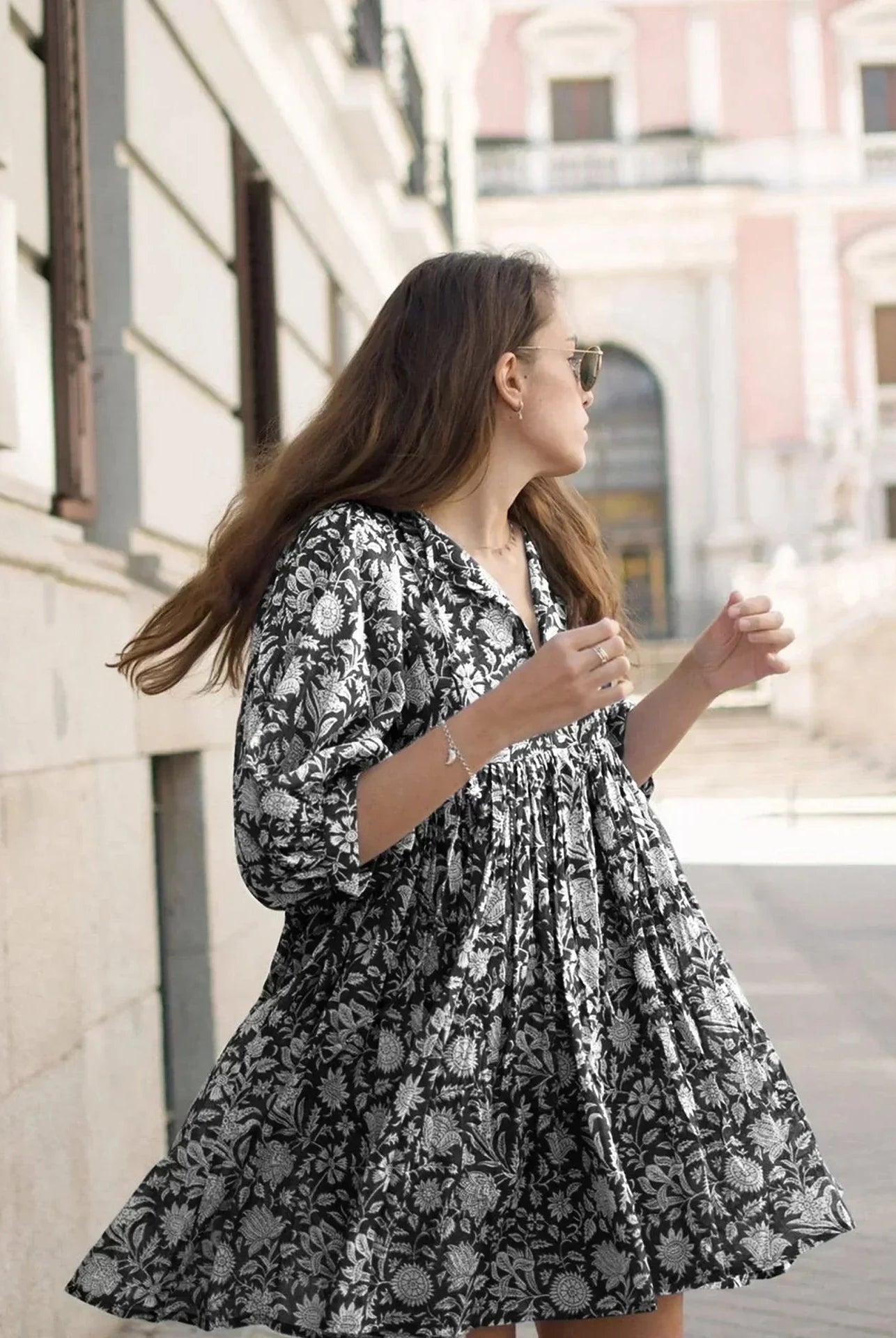 Blue Aurora Flow Boho Floral women's mini dress by Lumina Vancouver, featuring a flowing floral design and lightweight fabric.