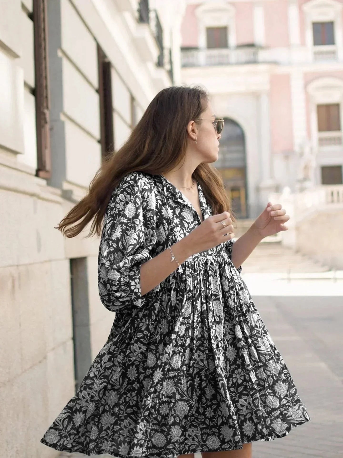 Blue Aurora Flow Boho Floral women's mini dress by Lumina Vancouver, featuring a flowing floral design and lightweight fabric.