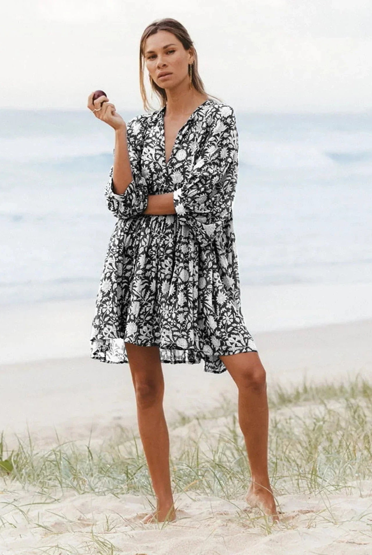 Blue Aurora Flow Boho Floral mini dress for women by Lumina Vancouver, featuring a flowy, bohemian floral design.