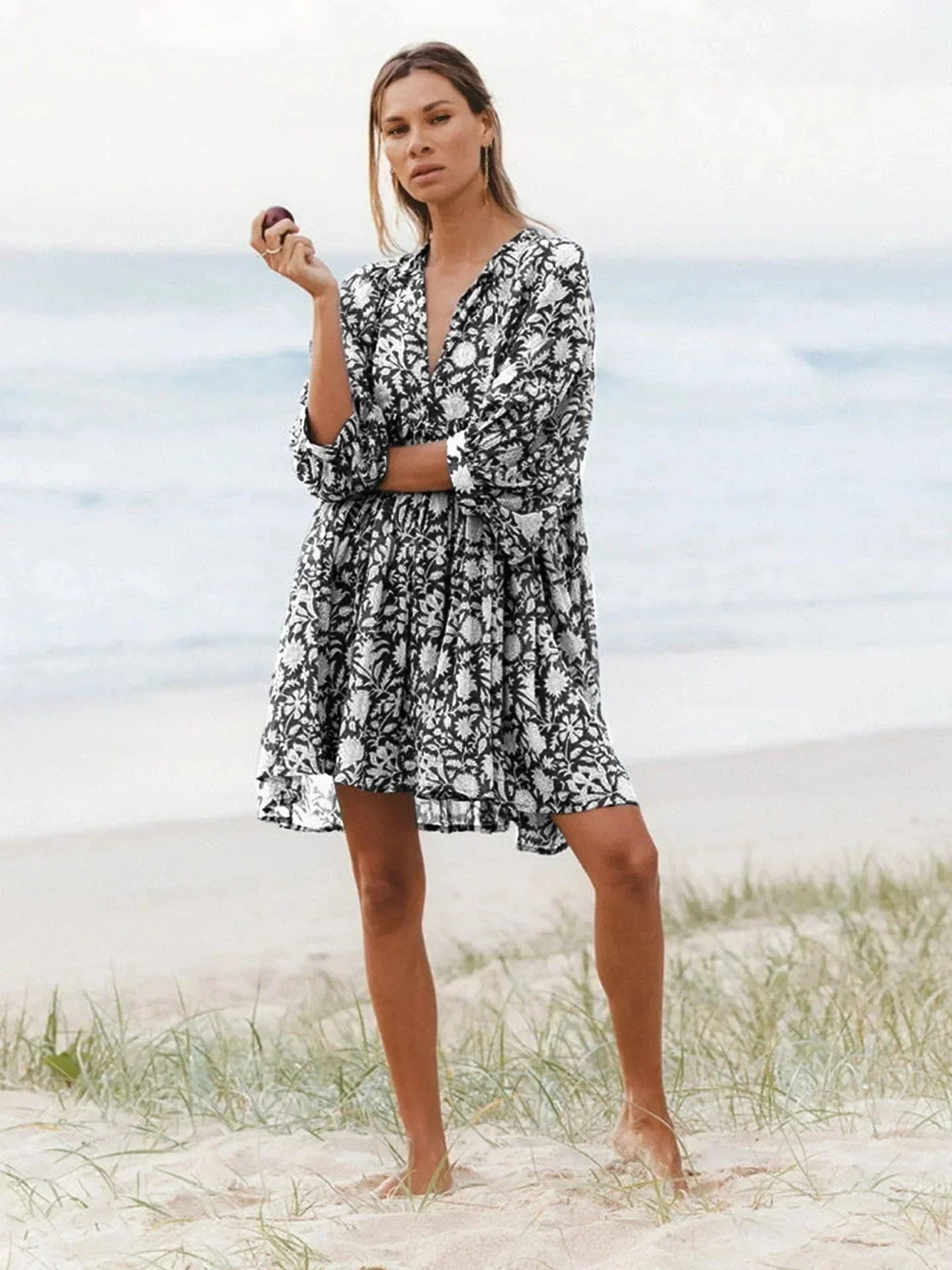 Blue Aurora Flow Boho Floral mini dress for women by Lumina Vancouver, featuring a flowy, bohemian floral design.
