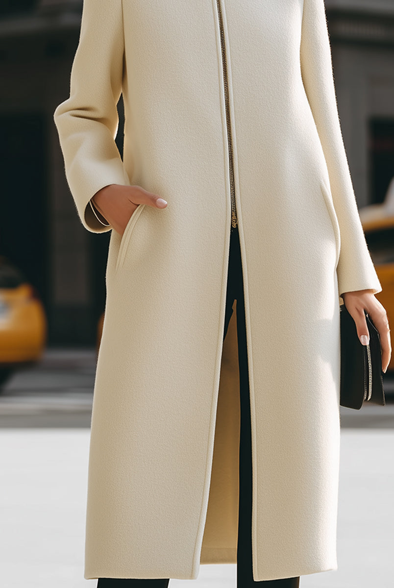 Cream high-neck zip front maxi coat by Lumina Vancouver, stylish and warm outerwear with a modern silhouette.